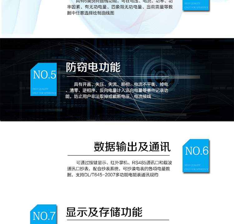 　主要功能
　　電能計量功能
　　可分時計量有功、無功、正向有功、反向有功、正向無功、反向無功電量和四象限無功等電量。
　　最大需量測量功能
　　可測量雙向有功、雙向無功和四象限無功的最大需量及其發(fā)生時間。
　　參數(shù)測量監(jiān)視功能
　　可監(jiān)測各相電壓、電流實時值，三相總及A、B、C各相有功功率、無功功率、功率因數(shù)、相角、相位等實時參數(shù)。