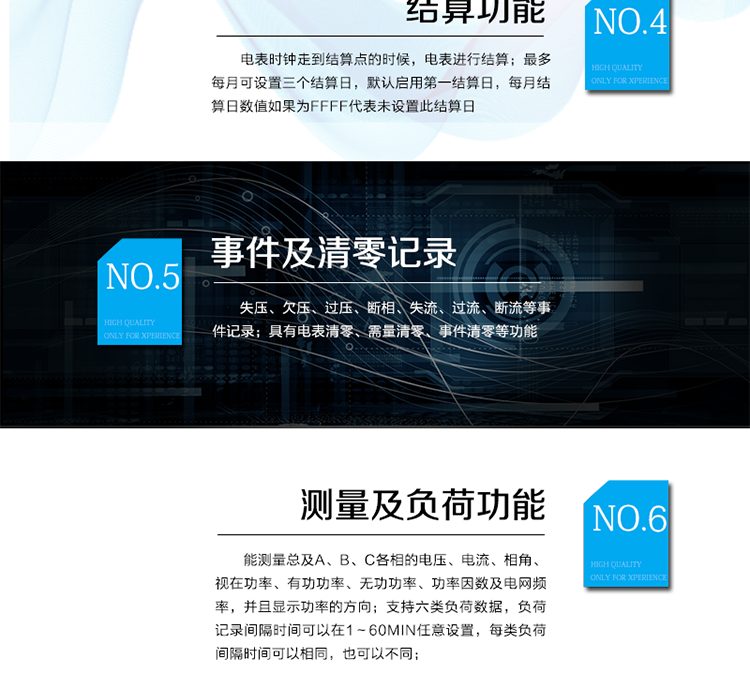 2.3需量計量
 能夠計量正、反向有功，正、反向視在，1、2、3、4象限無功，組合無功1、2的最大需量和發(fā)生時間。
 需量周期和滑差時間可在1～60min分鐘范圍內(nèi)設(shè)置，但應(yīng)該滿足：需量周期大于滑差時間且為其的整數(shù)倍，需量周期可在5、10、15、30、60min中選擇；滑差式需量周期的滑差時間可以在1、2、3、5min中選擇。需量周期應(yīng)為滑差時間的5的整倍數(shù)，且該倍數(shù)小于等于15。
 當(dāng)發(fā)生電壓線路上電、時段轉(zhuǎn)換、清零、時鐘調(diào)整、需量周期改變、功率潮流方向轉(zhuǎn)換等情況時，電能表從當(dāng)前時刻開始，按照需量周期進(jìn)行需量測量，當(dāng)?shù)谝粋€需量周期完成后，按滑差間隔開始最大需量記錄。其中，發(fā)生時段轉(zhuǎn)換時，總需量繼續(xù)按滑差測量，分時需量按需量周期重新開始測量。
 在一個不完整的需量周期內(nèi)或修改需量周期時，不做最大需量的記錄。
 能存儲12個結(jié)算日最大需量數(shù)據(jù)。
 需量顯示小數(shù)位數(shù)出廠缺省為4位小數(shù)。
2.4結(jié)算功能
 本表除給出有、無功當(dāng)前總及分時電量、最大需量及其發(fā)生時間外，還存儲了上1到上12個結(jié)算周期的歷史數(shù)據(jù)（包含組合有功、正反向有功、組合無功1和組合無功2、四象限無功、各元件有功、無功總電量以及分時電量；正反向有功、組合無功1和組合無功2、四象限無功的最大需量及其出現(xiàn)時間。）。當(dāng)電表時鐘走到結(jié)算點(diǎn)的時候，電表進(jìn)行結(jié)算。電能表結(jié)算時，先把當(dāng)前的電量、最大需量及其發(fā)生時間存入上一結(jié)算日，再把當(dāng)前的最大需量及其發(fā)生時間清零，計算需量的累加單元清零，需量重新開始計算。
 如果電表掉電跨過結(jié)算點(diǎn)時，上電后電表不補(bǔ)結(jié)算。
 最多每月可設(shè)置三個結(jié)算日，默認(rèn)啟用第一結(jié)算日，每月結(jié)算日數(shù)值如果為FFFF代表未設(shè)置此結(jié)算日。
 需量結(jié)算是只在每月第一結(jié)算日結(jié)算一次，如果起用了其它結(jié)算日，在該結(jié)算點(diǎn)結(jié)算時，則對應(yīng)的這個結(jié)算日需量數(shù)據(jù)補(bǔ)FF。
 電壓合格率只在第一結(jié)算日進(jìn)行結(jié)算，在啟用其它結(jié)算日進(jìn)行結(jié)算時，電壓合格率都不進(jìn)行結(jié)算。