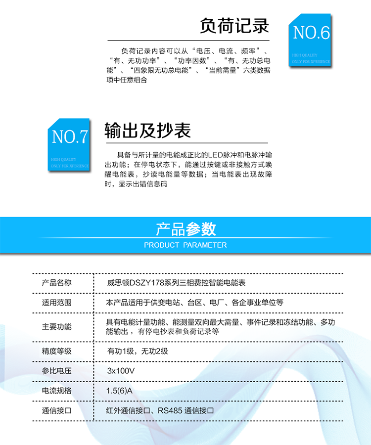 主要功能
計量功能
具有正、反向有功電能、四象限無功電能計量功能；具有分時計量功能；具有計量分相有功電能量功能；能存儲12個結(jié)算日電量數(shù)據(jù)。
測量及監(jiān)測
能測量雙向最大需量、分時段最大需量及其出現(xiàn)的日期和時間；
能測量當前電能表的電壓、電流、功率、功率因數(shù)等運行參數(shù)。
事件記錄
記錄最近10次編程、需量清零、校時、各相失壓、各相斷相、各相失流、各相過負荷、電流不平衡、電壓（流）逆相序、開表蓋、開端鈕蓋、全失壓、掉電、遠程控制拉閘、遠程控制合閘等事件。
顯示功能
高對比度、寬視角、帶背光的LCD（數(shù)值顯示位數(shù)8）。
報警功能
當電能表出現(xiàn)故障時，顯示出錯信息碼。
凍結(jié)功能
支持定時凍結(jié)、瞬時凍結(jié)、約定凍結(jié)、日凍結(jié)、整點凍結(jié)等。
計時功能
采用具有溫度補償功能的內(nèi)置硬件時鐘電路，具有日歷、計時、閏年自動轉(zhuǎn)換功能。
脈沖輸出
具備與所計量的電能成正比的LED脈沖和電脈沖輸出功能。
負荷記錄
負荷記錄內(nèi)容可以從“電壓、電流、頻率”、“有、無功功率”、“功率因數(shù)”、“有、無功總電能”、“四象限無功總電能”、“當前需量”六類數(shù)據(jù)項中任意組合。
停電抄表
在停電狀態(tài)下，能通過按鍵或非接觸方式喚醒電能表，抄讀電能量等數(shù)據(jù)。
費控功能
通過RS485和遠程售電系統(tǒng)實現(xiàn)費控功能。通過嚴格的密碼驗證或ESAM模塊等安全認證，確保數(shù)據(jù)傳輸安全可靠。